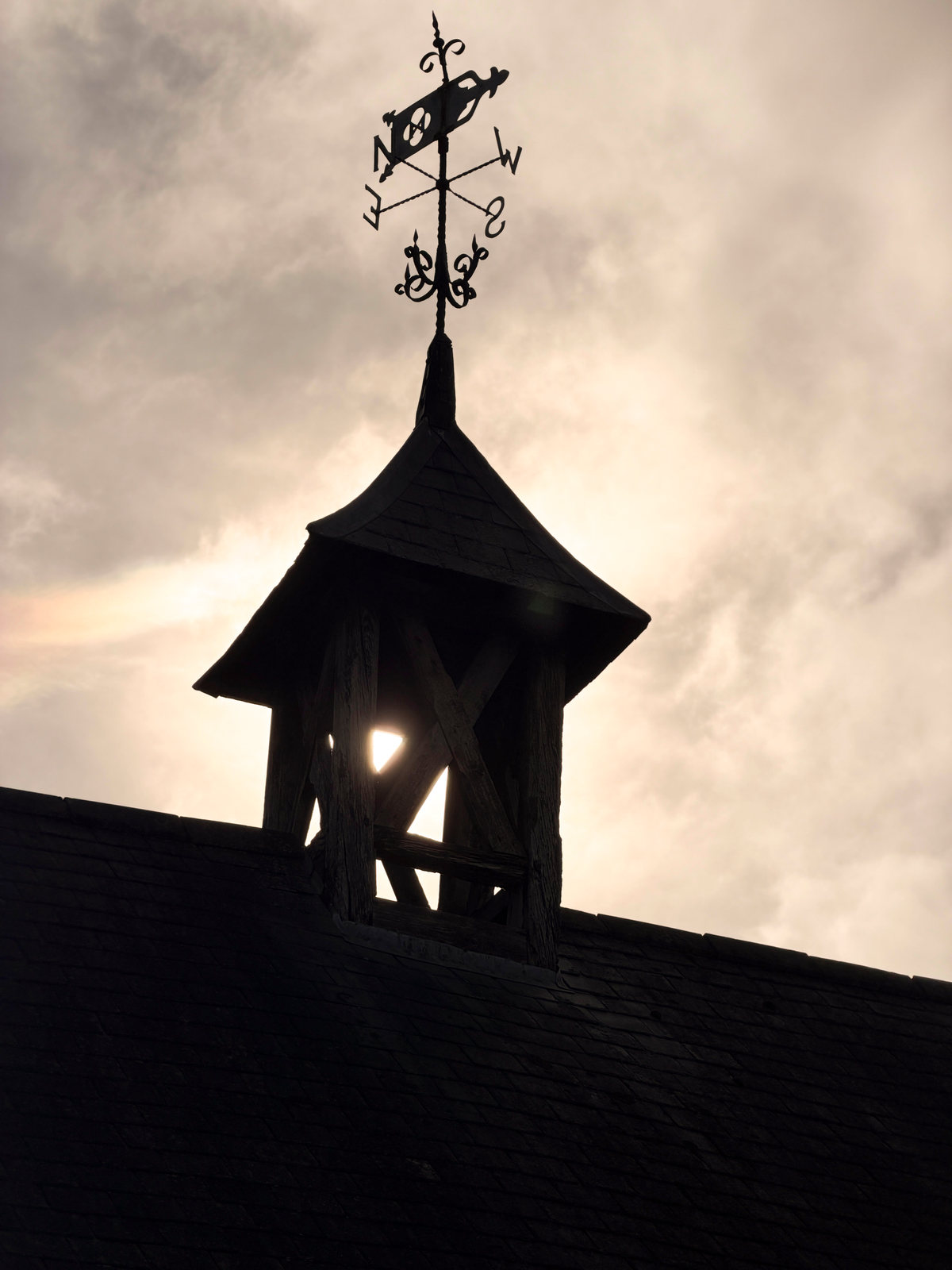 A weathervane silhouetted above a small roof turret.